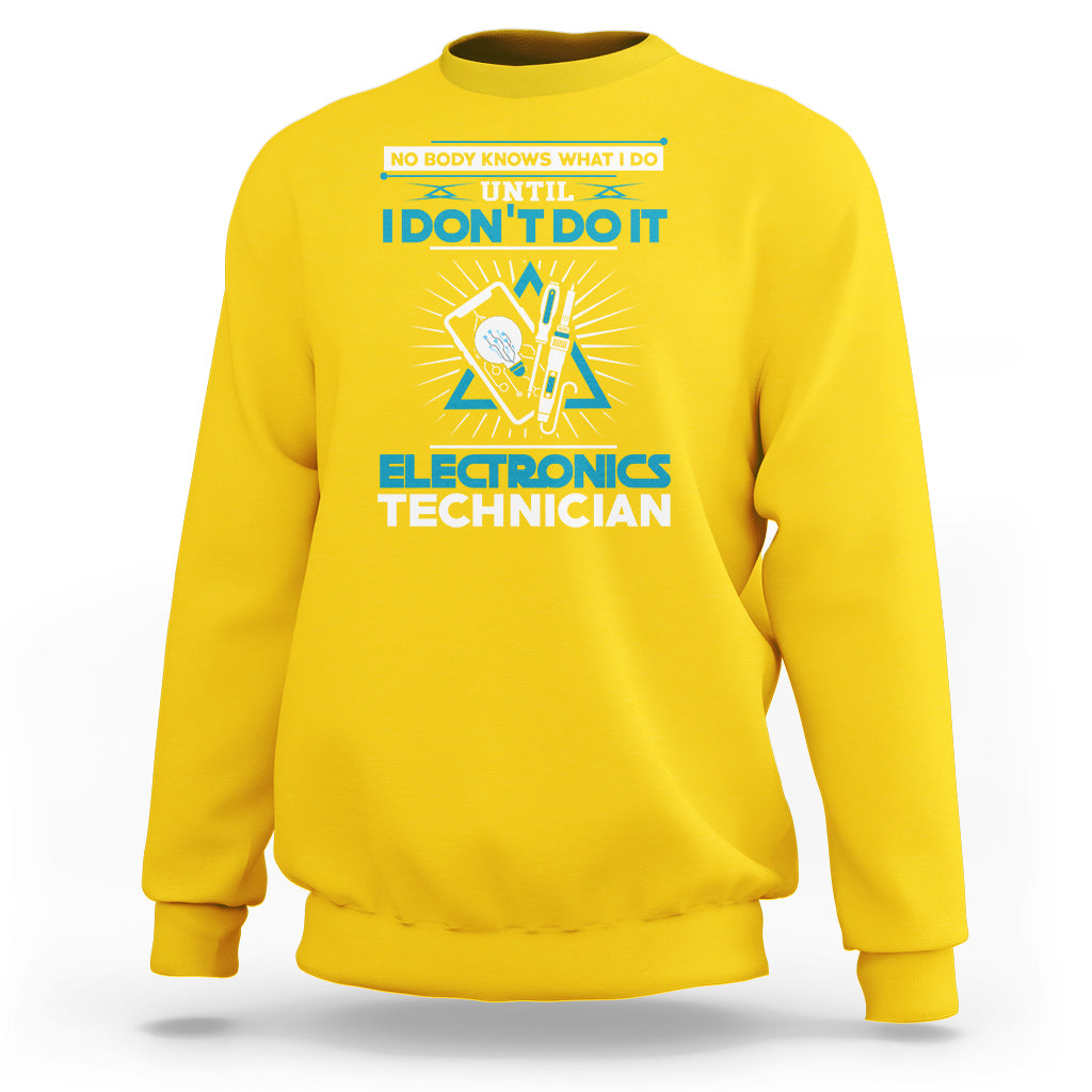 Yellow crewneck sweatshirt with blue electronics technician graphic and slogan print.