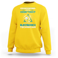 Yellow crewneck sweatshirt with blue electronics technician graphic and slogan print.
