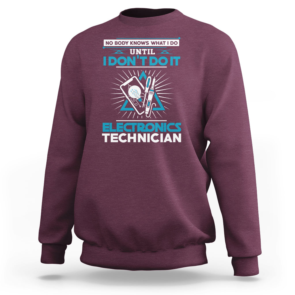 Maroon crewneck sweatshirt with blue electronics technician graphic and slogan print.