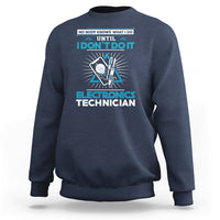 Dark navy crewneck sweatshirt with blue electronics technician graphic and slogan print.