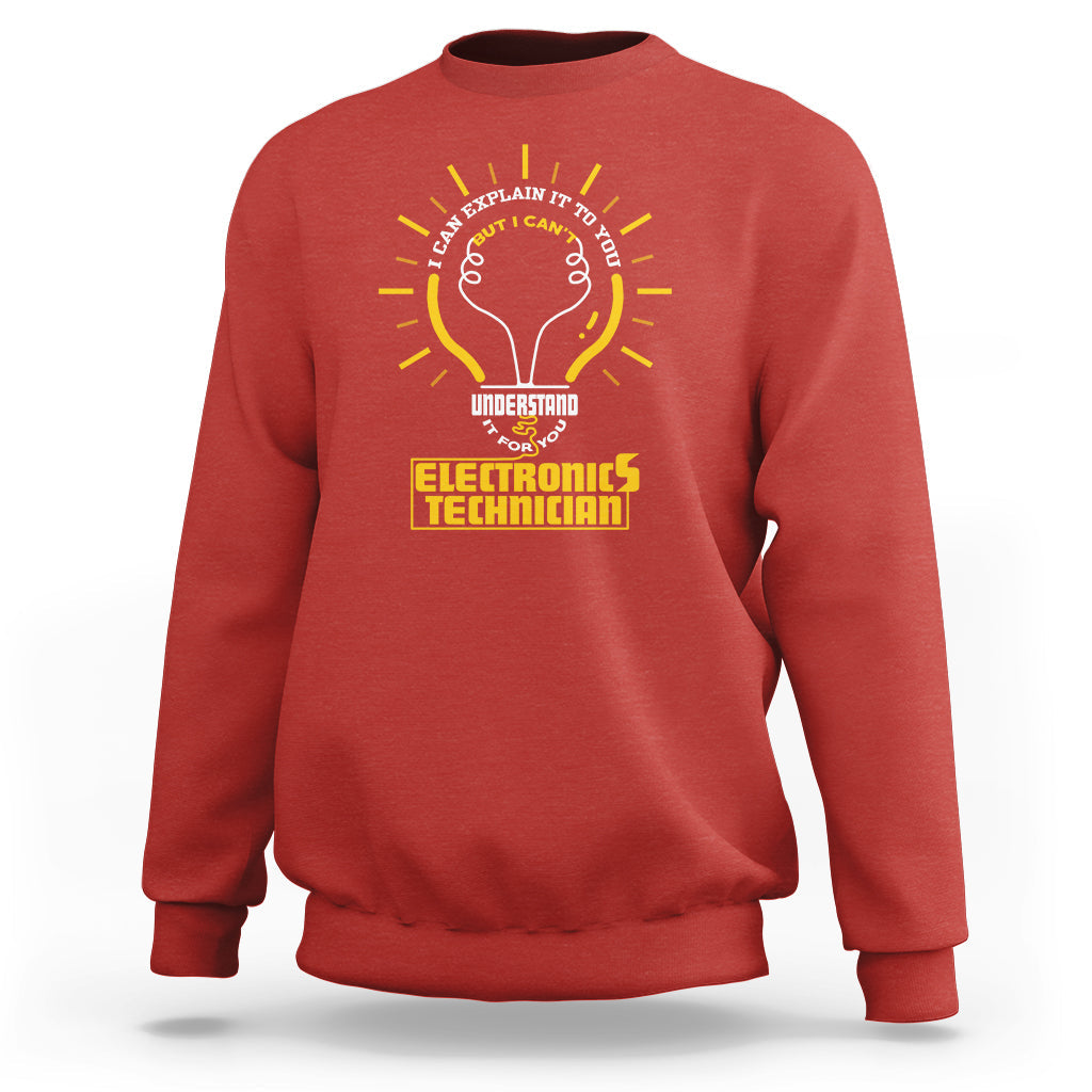 Red electronic technician sweatshirt with yellow tech graphic on chest