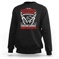 Black electronics technician sweatshirt with large chest graphic and text print.