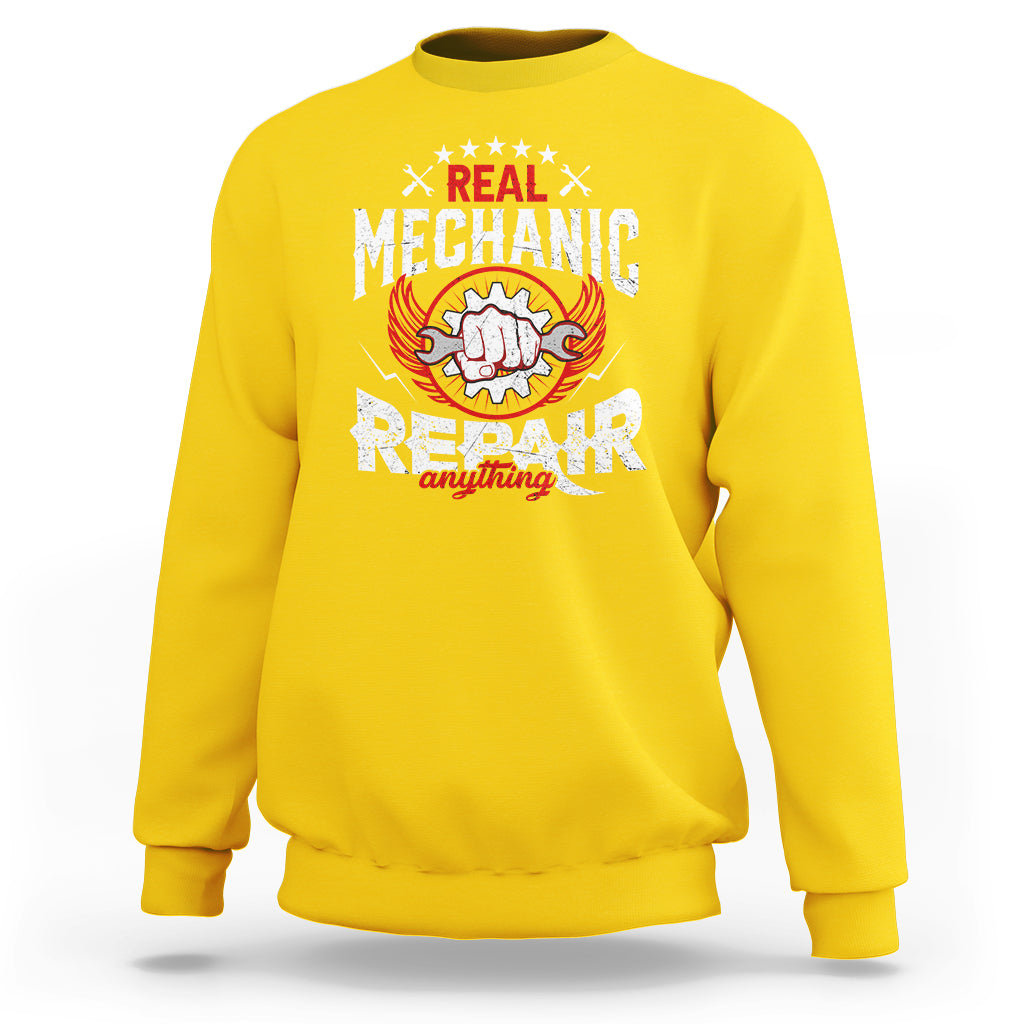Yellow sweatshirt with mechanic repair graphic and crew neck, long sleeves