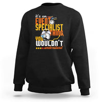 Black crewneck sweatshirt with event-themed graphic and slogan print.