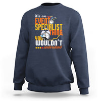 Navy crewneck sweatshirt with event-themed graphic and slogan print.