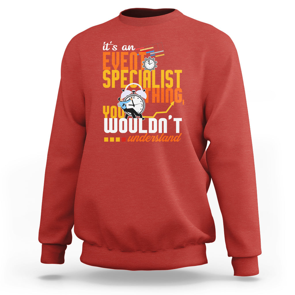 Red crewneck sweatshirt with event-themed graphic and slogan print.