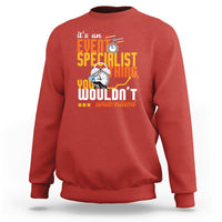 Red crewneck sweatshirt with event-themed graphic and slogan print.