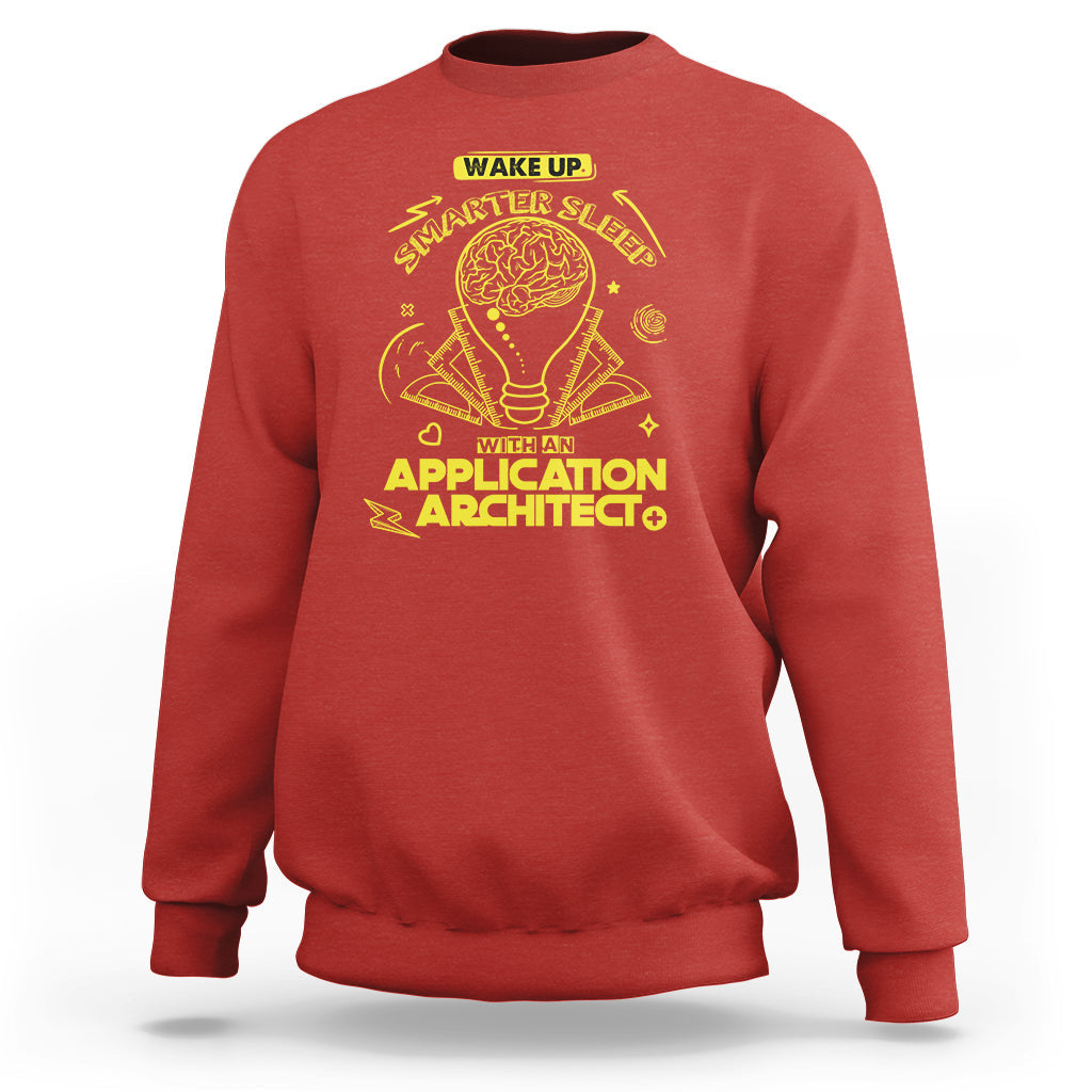 Red crewneck sweatshirt with yellow architect graphic and text on chest.