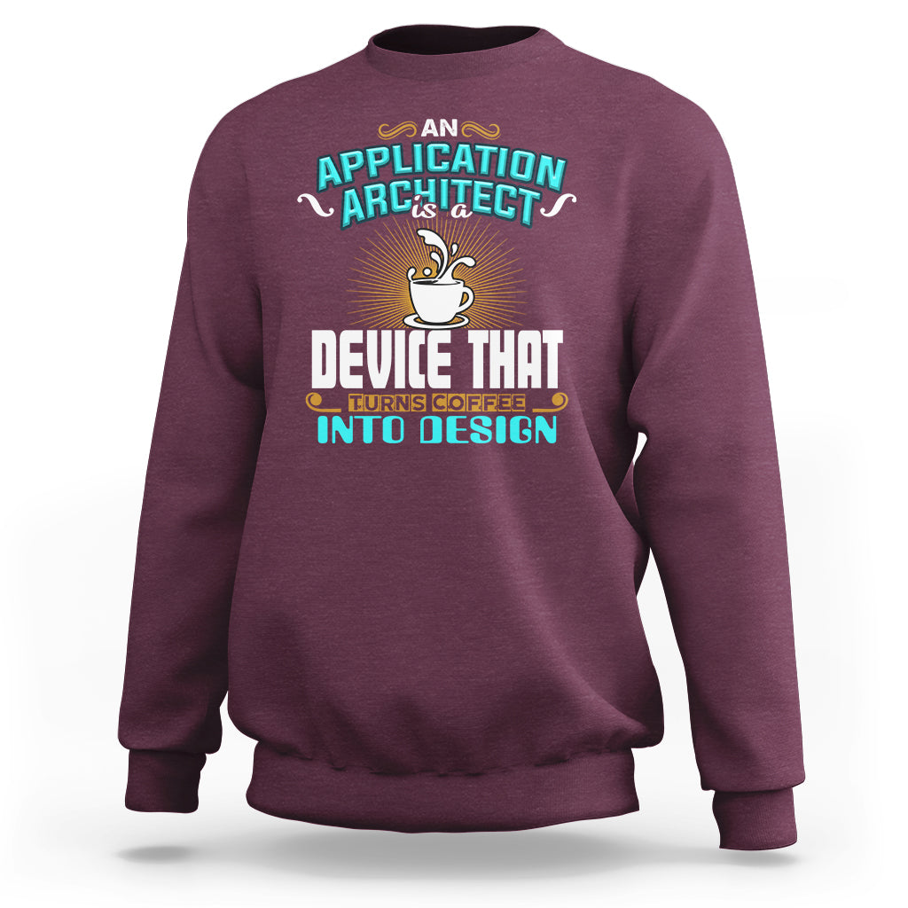 Maroon crewneck sweatshirt with colorful coffee and architect graphic