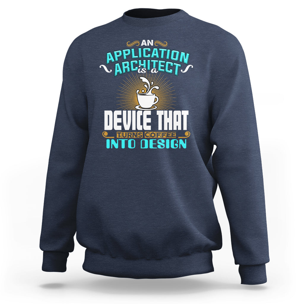 Navy crewneck sweatshirt with colorful coffee and architect graphic