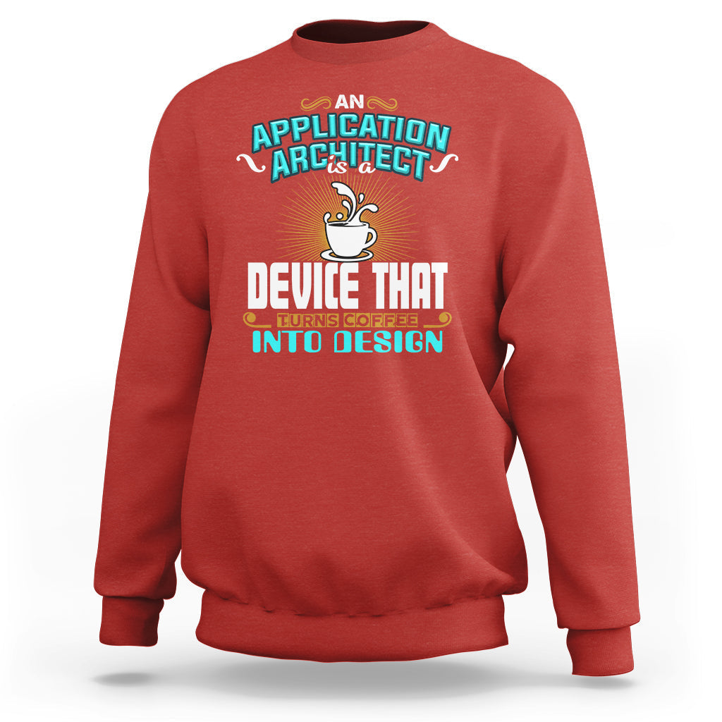 Red crewneck sweatshirt with colorful coffee and architect graphic