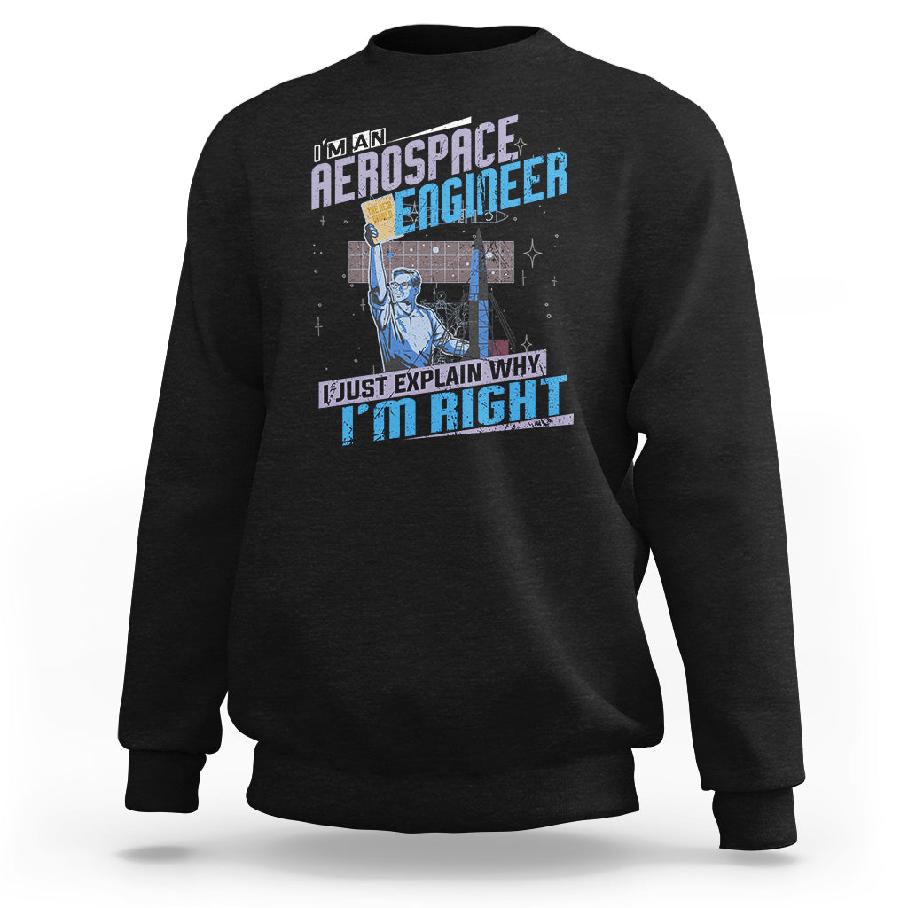 Black crewneck sweatshirt with space engineer graphic and slogan on the front, long sleeves.