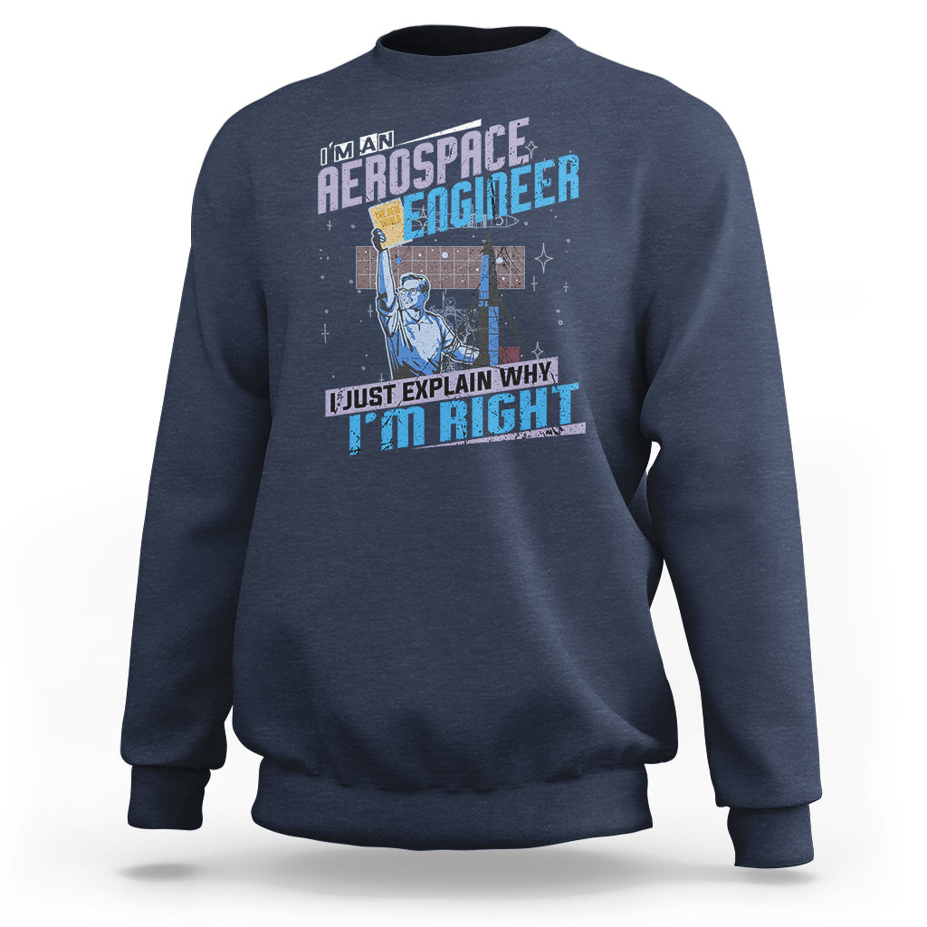 Navy crewneck sweatshirt with space engineer graphic and slogan on the front, long sleeves.