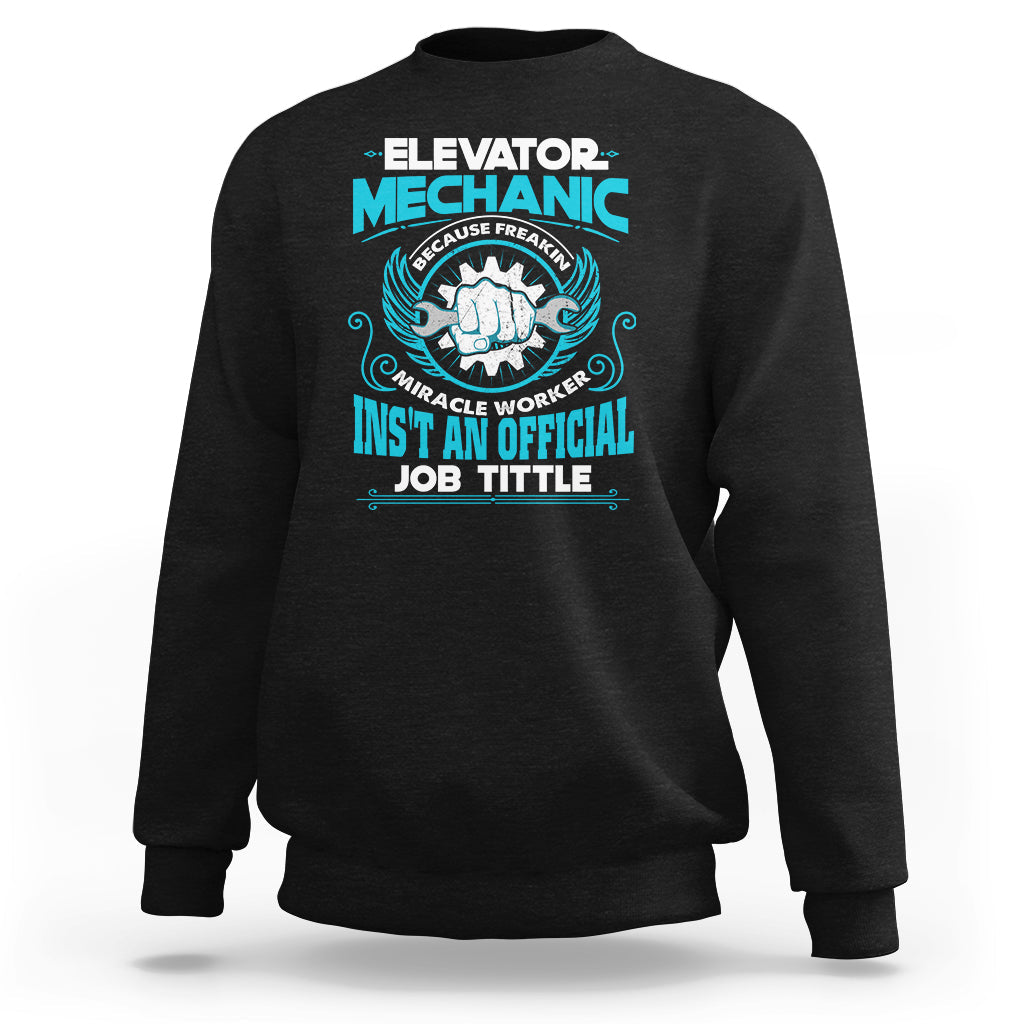 Black crewneck sweatshirt with elevator mechanic front graphic