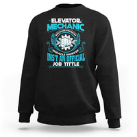 Black crewneck sweatshirt with elevator mechanic front graphic