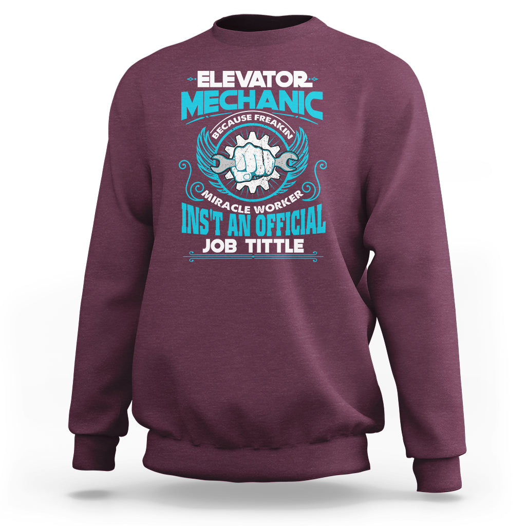 Maroon crewneck sweatshirt with elevator mechanic front graphic