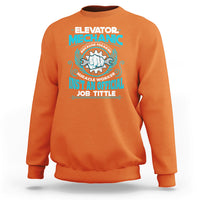 Orange crewneck sweatshirt with elevator mechanic front graphic