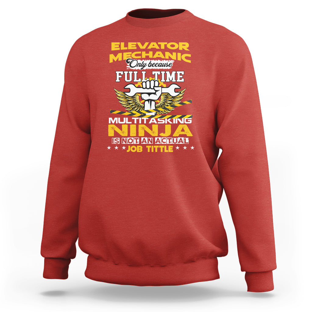 Red sweatshirt with “Elevator Mechanic” style graphic front and long sleeves