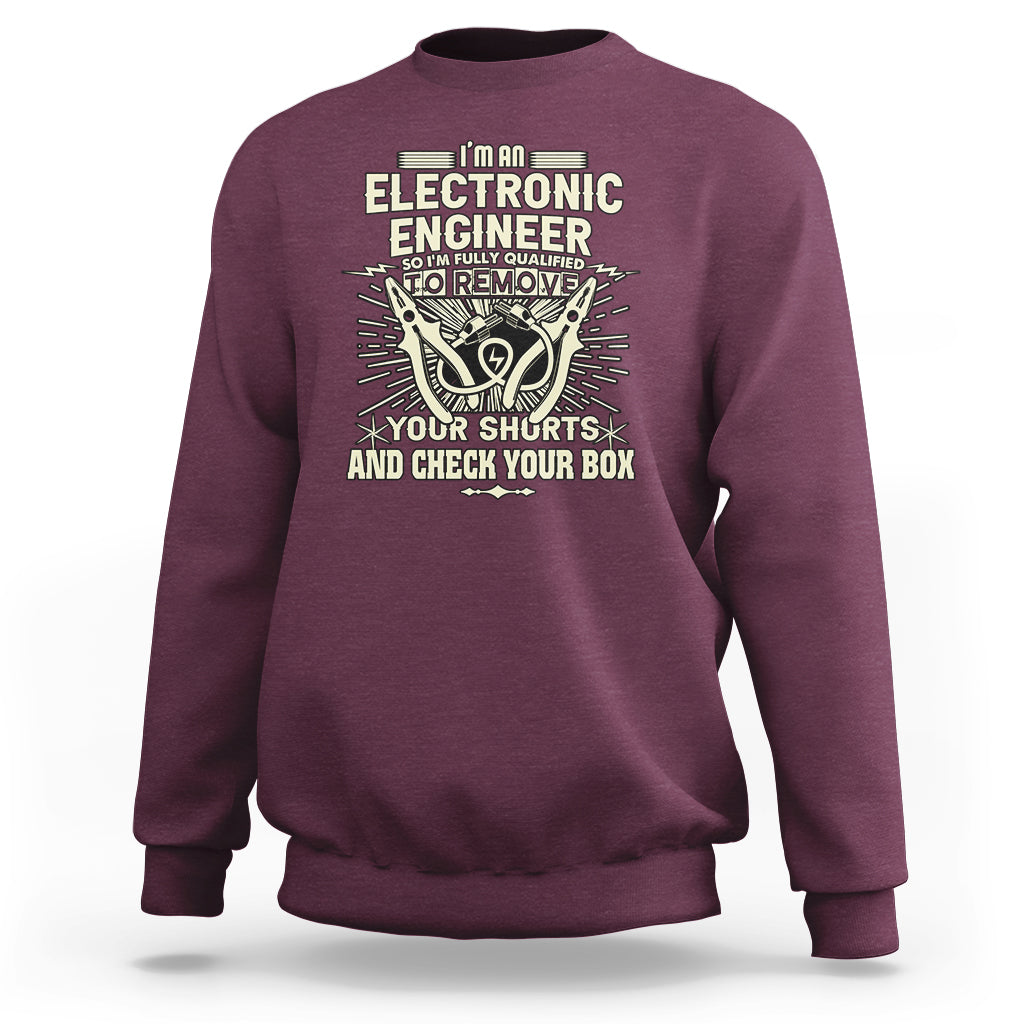 Maroon crewneck sweatshirt with electronic engineer graphic and 'Your shirts' text