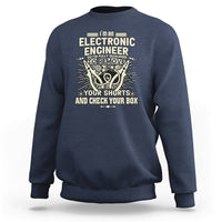 Navy crewneck sweatshirt with electronic engineer graphic and 'Your shirts' text