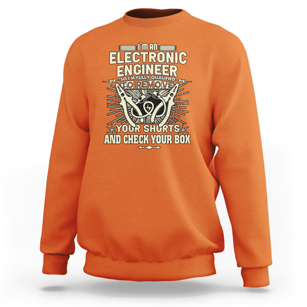 Orange crewneck sweatshirt with electronic engineer graphic and 'Your shirts' text