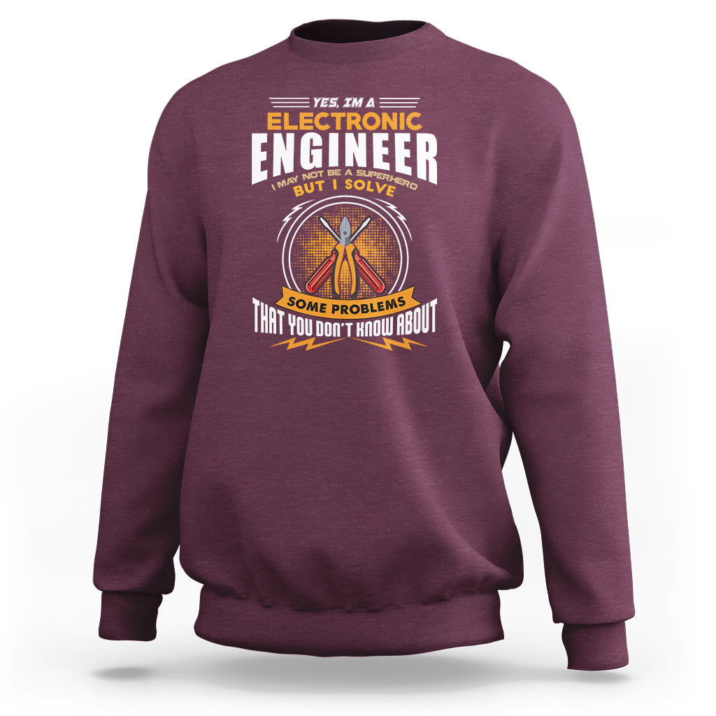 Maroon electronic engineer sweatshirt with front graphic text and circuit-style logo