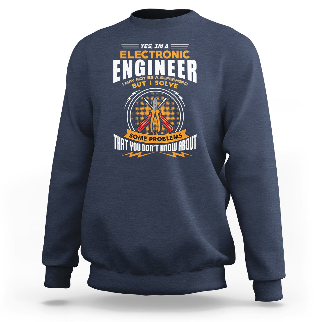 Navy electronic engineer sweatshirt with front graphic text and circuit-style logo