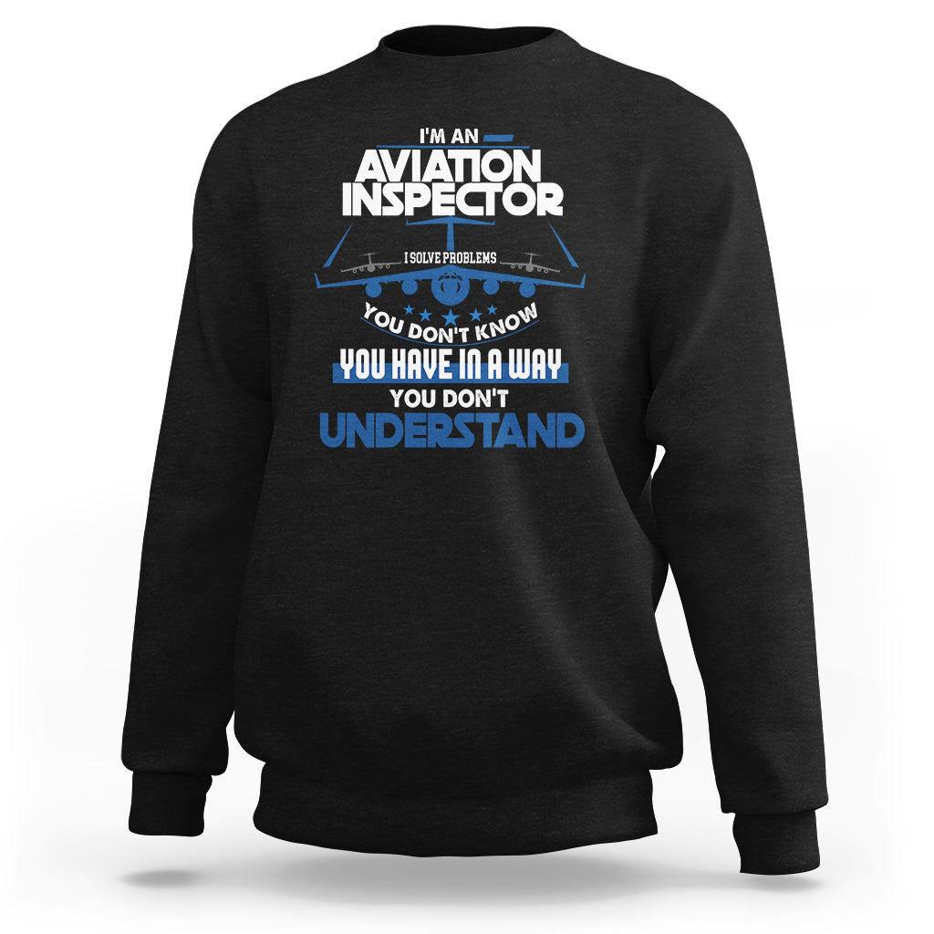 Black sweatshirt with “Aviation Inspector” chest graphic in white and blue