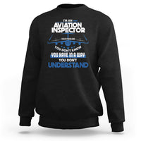 Black sweatshirt with “Aviation Inspector” chest graphic in white and blue