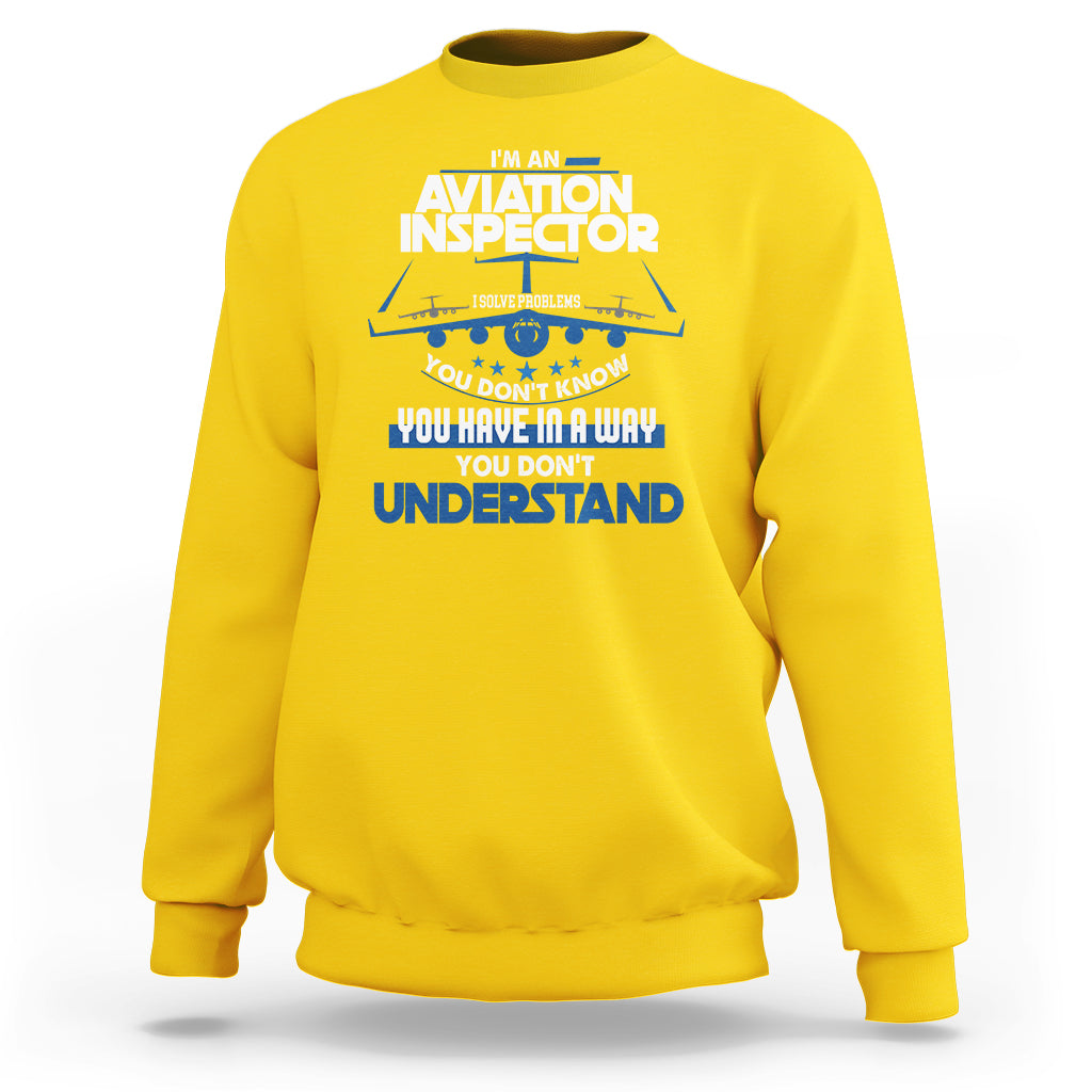 Daisy yellow sweatshirt with “Aviation Inspector” chest graphic in white and blue