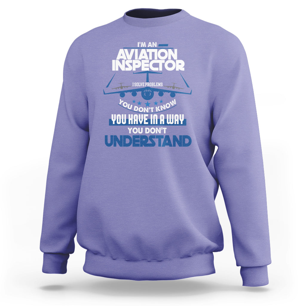 Violet sweatshirt with “Aviation Inspector” chest graphic in white and blue