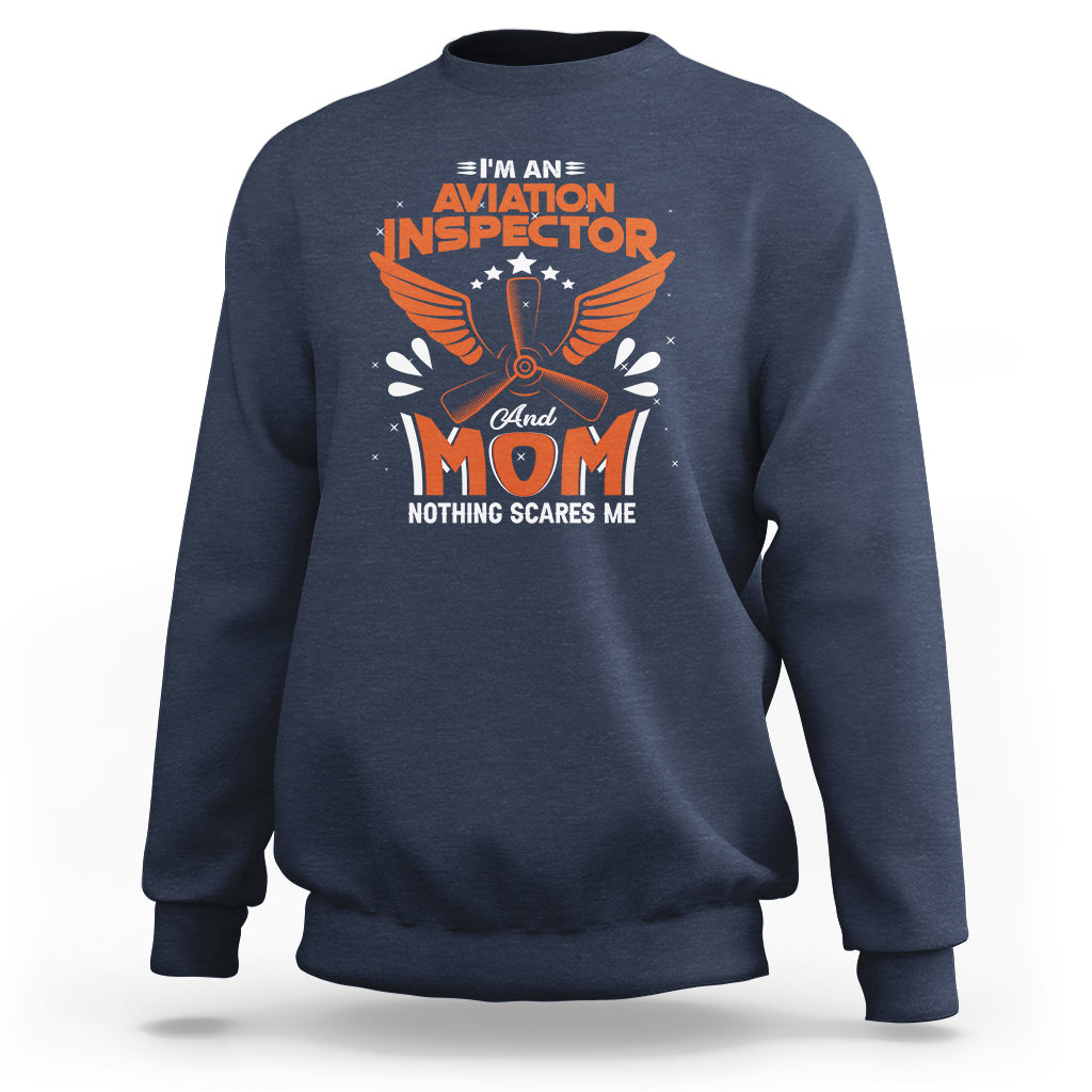 Navy crewneck sweatshirt with “Aviation Inspector Mom” eagle graphic on front