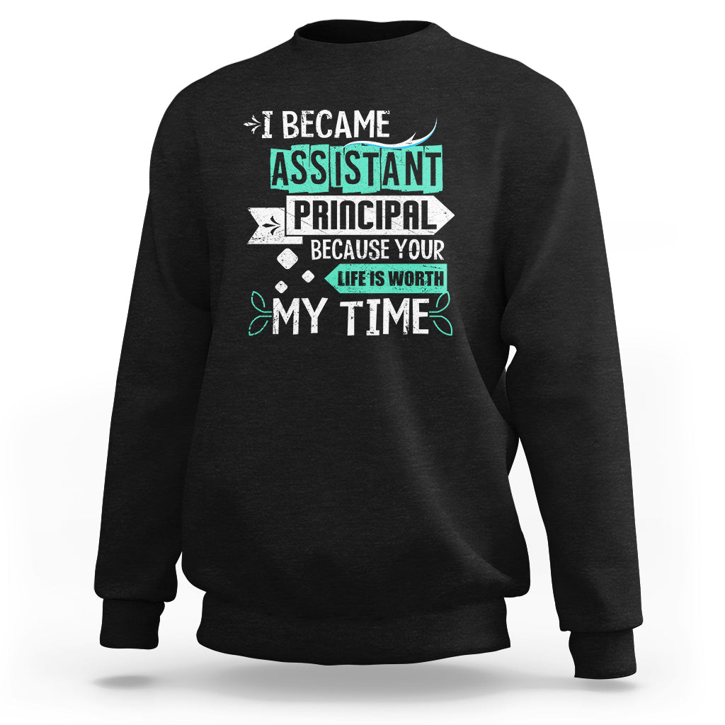 Black sweatshirt with assistant principal and “My Time” text graphic on the front.