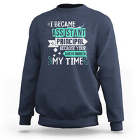 Navy sweatshirt with assistant principal and “My Time” text graphic on the front.