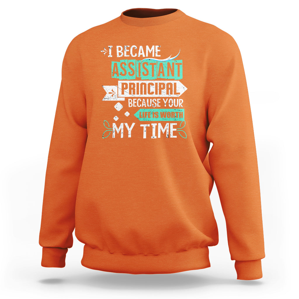 Orange sweatshirt with assistant principal and “My Time” text graphic on the front.