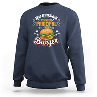Navy crewneck sweatshirt with “Business Assistant Principal” burger graphic on back