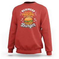 Red crewneck sweatshirt with “Business Assistant Principal” burger graphic on back
