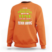 Orange crewneck sweatshirt with colorful assistant principal time graphic on chest