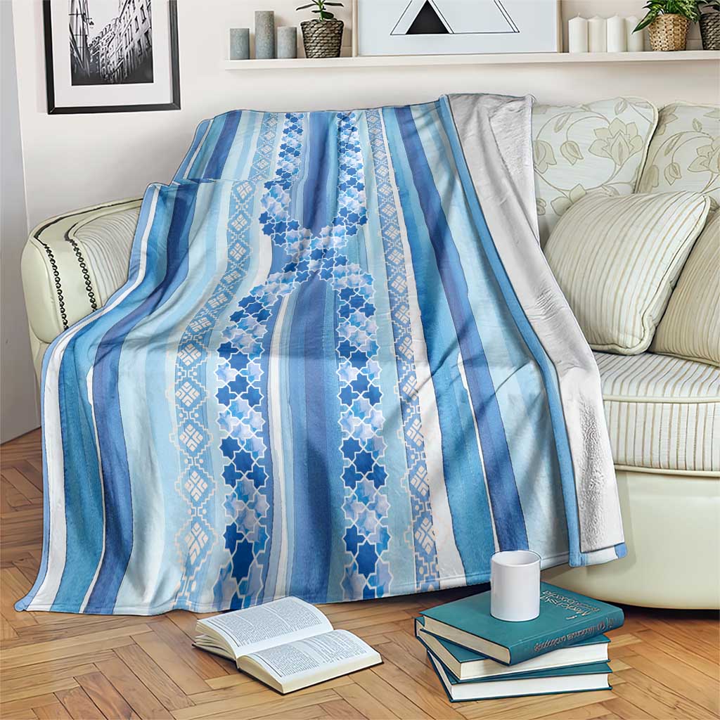 Tunisian Mosaic Pattern Blanket with Blue Stripes and Traditional Tile Design