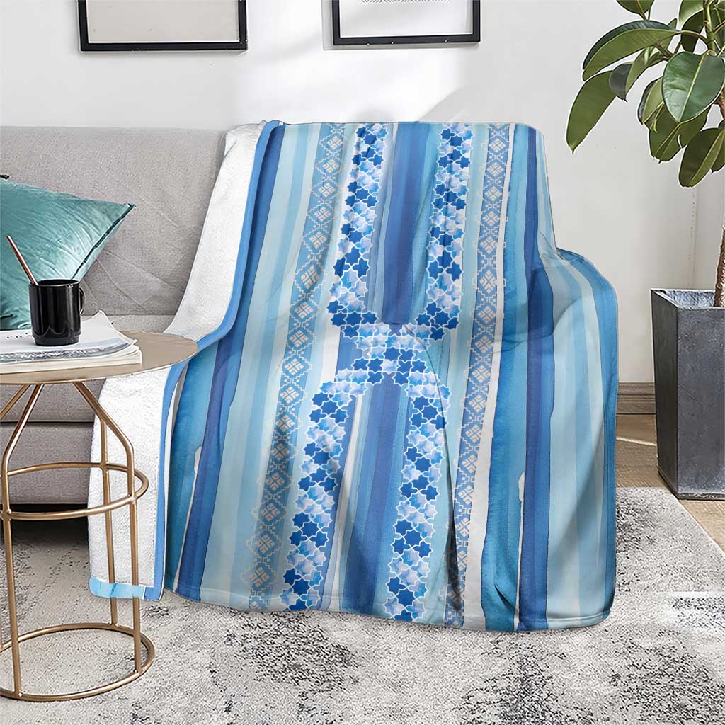 Tunisian Mosaic Pattern Blanket with Blue Stripes and Traditional Tile Design