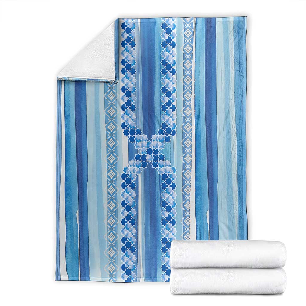 Tunisian Mosaic Pattern Blanket with Blue Stripes and Traditional Tile Design