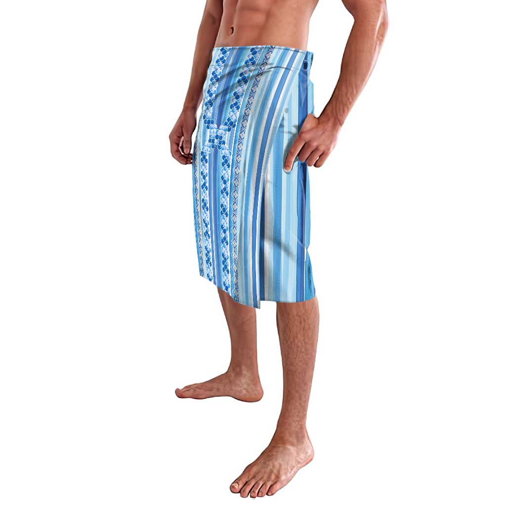Tunisian Mosaic Pattern Lavalava with Blue Stripes and Traditional Tile Design