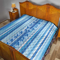 Tunisian Mosaic Pattern Quilt with Blue Stripes and Traditional Tile Design