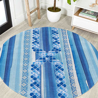 Tunisian Mosaic Pattern Round Carpet with Blue Stripes and Traditional Tile Design