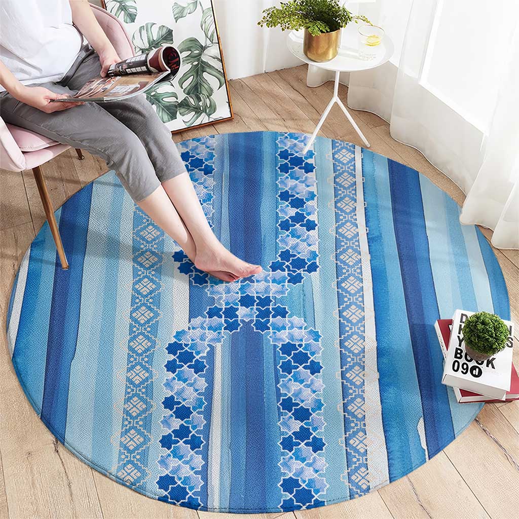 Tunisian Mosaic Pattern Round Carpet with Blue Stripes and Traditional Tile Design