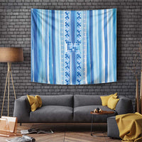Tunisian Mosaic Pattern Tapestry with Blue Stripes and Traditional Tile Design
