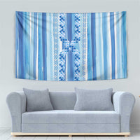 Tunisian Mosaic Pattern Tapestry with Blue Stripes and Traditional Tile Design