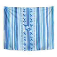 Tunisian Mosaic Pattern Tapestry with Blue Stripes and Traditional Tile Design