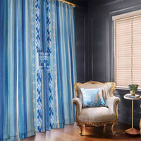 Tunisian Mosaic Pattern Window Curtain with Blue Stripes and Traditional Tile Design