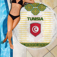 Tunisia Flag Traditional Tribal Pattern Green and White Pullover Beach Blanket with National Crest and Emblem